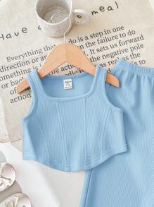 SHEIN Baby Girl Summer Cute Knitted Pink Tank Top & Elastic Waist Pants 2pcs Set - Blue - View 5