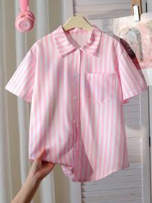 Girls Stripe Shirt + Heart Graffiti Versatile Design + Cool Sweet Street Style Outerwear Shirt, Summer - Pink - View 5