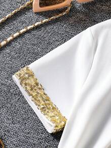 Sparklyn 2 件套青少年女孩休闲宝石装饰圆领短袖 T 恤和优雅透明亮片薄纱裙，适合春夏、假日、夏季、旅行 - 杏色 - 查看 7