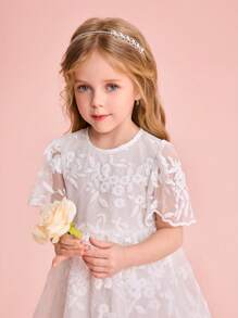 Young Girl Cute & Elegant White Embroidered Mesh Short Sleeve Summer Dress - White - View 3