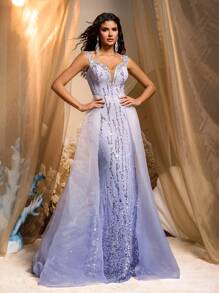 Glamrae 优雅紫色渐变奢华全亮片深 V 领鱼尾裙，带可拆卸尾部，正式晚礼服，派对礼服，婚礼宾客礼服，晚礼服 - 紫色 - 查看 3