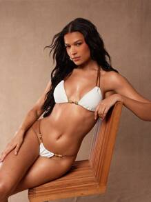 Hauture BIKINI BOTTOM WITH WOODEN BEAD DETAILS AND FAUX SUEDE STRAPS For Summer Beach Vacation - Apricot - View 5