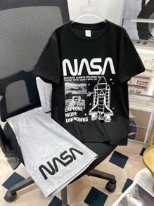Dozemod Kids Tween Boy Tricou cu mânecă scurtă și pantaloni scurți cu litere cu imprimeu vintage, 2 piese, costum de pijama casual