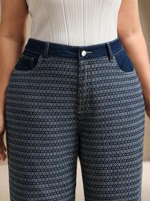 Anewsta 女款休闲牛仔提花宽松阔腿裤 - 藍色 - 查看 4