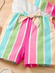 New Young Girls Party One-Shoulder Ruffled Wide Leg Romper, Rainbow Print Casual High Waist Slim Romper - White - View 7