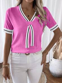 EMERY ROSE Women's Casual Color Block Striped Short Sleeve Knit Top, Summer - Hot Pink - View 4