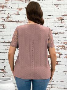 SHEIN Clasi Plus Size Casual Plain Color Lace Patchwork Short Sleeve T-Shirt