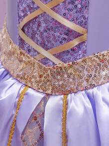 青少年女孩拼布亮片公主裙服装、派对装 - 紫色 - 查看 4