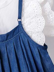 Conjunto de 2 piezas: Blusa con volantes bordados calados y vestido camisero plisado para niña joven - Rosa - Ver 3