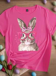 SHEIN LUNE Plus Size Women's Loose Easter Rabbit Print Crew Neck Short Sleeve T-Shirt, For Gifts - Hot Pink - View 6