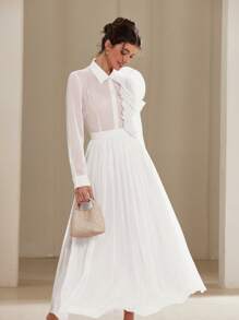 Aveloria Rosie 2pcs French Elegant Floral 3D Embellished See-Through Chiffon Button-Up Blouse And Pleated Skirt Set For Women