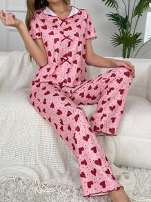 SHEIN Conjunto de pijama de mujer con pajarita, estampado de corazón, manga corta y pantalón largo