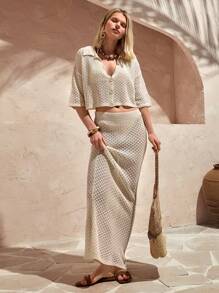 EURMUSE 女士衬衫上衣和裙子两件套服装度假 - 米色 - 查看 7