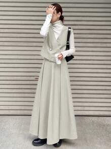 FRIFUL Women Two Pieces Casual Set - Solid Color Double-Breasted Vest And Midi Skirt - Beige - View 2