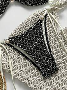 SHEIN Swim Set de 2 piezas de traje de baño con top de tirantes finos con recortes y Bottom de bikini con cordón lateral de color negro para verano y playa - Negro - Ver 3