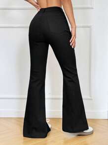 SHEIN EZwear 女式休闲百搭口袋喇叭下摆及踝长裤 - 黑色 - 查看 2