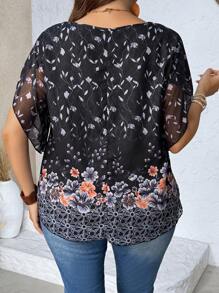 EMERY ROSE Women's Round Neck 3/4 Sleeve Formal Blouse, Printed Layered Mesh Shirt - Multicolor - View 2