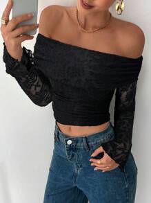 Siren Gaze Women's Elegant Solid Color Jacquard Off Shoulder Cropped T-Shirt Winter Chic Black Casual Spring - Black - View 6