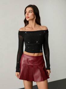 SHEIN Tall 女士闪亮船领派对性感单肩 T 恤上衣 - 黑色 - 查看 5