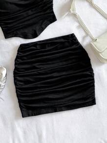 Soleia 2 件性感心形领口修身吊带背心和裙子套装，适合约会和情人节 - 黑色 - 查看 4