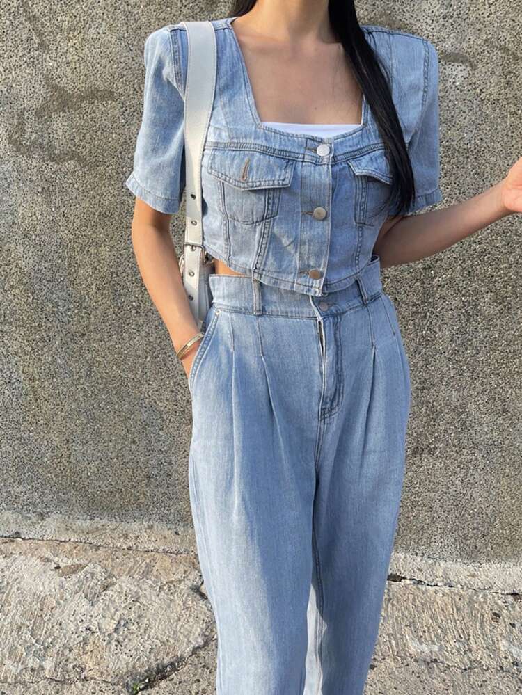 Women Single-Breasted Short Sleeve Top And Wide Leg Denim Pants Casual Suit