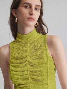 Ontre 2025 New Avocado Green Mock Neck Sleeveless Ruched Design Women's Daily Wear Solid Color Spring/Summer Fitted Vest