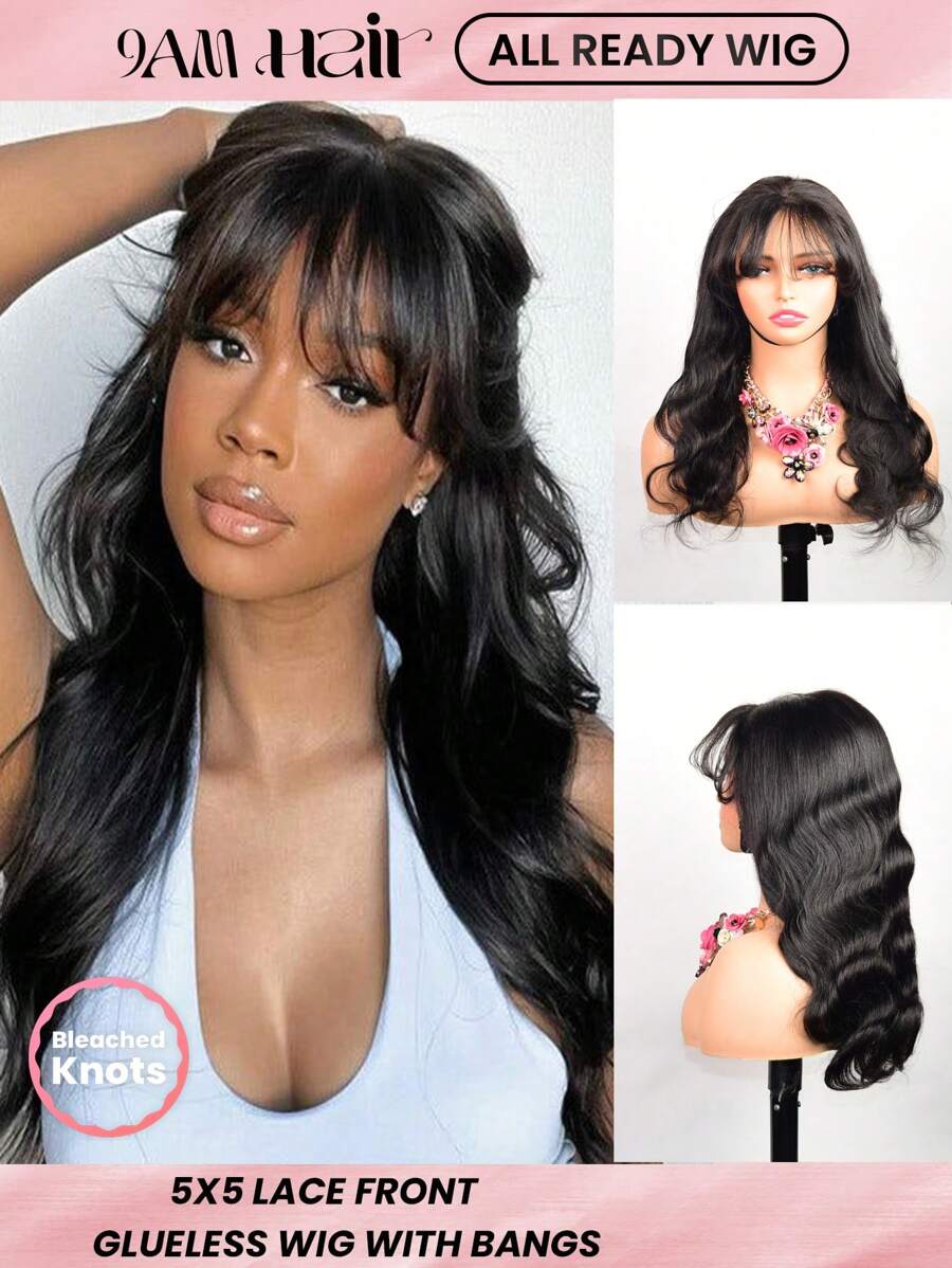 ALL READY WIG 5x5 Lace Front Body Wave Wigs With Bangs Wear And Go Glueless Human Hair Wigs For Women Lace Front Wigs 200% Density Brazilian Virgin Hair