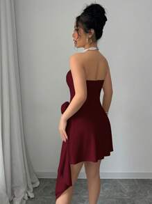 Elenzga 杏色甜心褶皱 A 字型优雅浪漫花卉女裙，非常适合情人节 - 酒紅色 - 查看 2