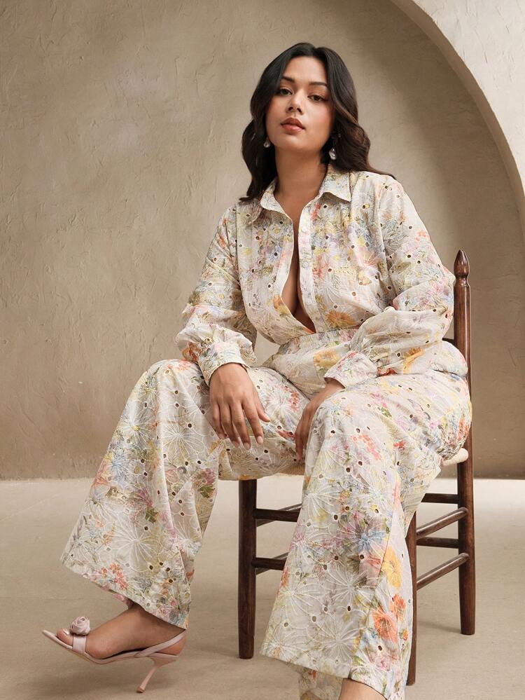 Fashionable Embroidered Floral Print Women 2 Pieces Set: Elegant, Festival Outfits Include Blouse And Pants, Plus Size