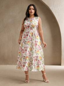 Anewsta Váy cổ tròn họa tiết hoa không tay cỡ lớn dành cho nữ, thích hợp cho mùa hè, bãi biển, lễ hội, ngày lễ - trắng - Xem 4