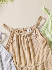 3 Pieces Set Young Girl Off Shoulder Jumpsuit,Casual Solid Color Romper,Summer,Elegant,Matching,Family Vacation,Holiday,Sage Green,Grey,Khaki,Party - Grey - View 3