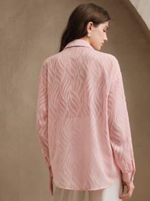 Anewsta 复古法式串珠花卉女式休闲长袖透明纹理提花衬衫上衣，春夏装 - 淺粉色 - 查看 6