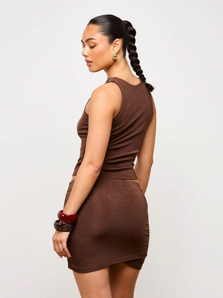 셔링 바디콘 투피스 하이넥 크롭탑 미니스커트 세트