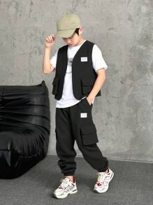 3 件套 Tween Boy 休闲 3D 口袋背心、印花字母 T 恤和裤子套装