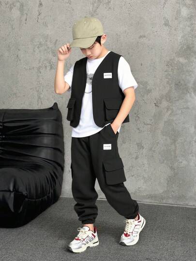 3 件套 Tween Boy 休闲 3D 口袋背心、印花字母 T 恤和裤子套装