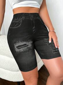 Zolique 夏季休闲牛仔效果印花紧身裤 - 黑色 - 查看 5