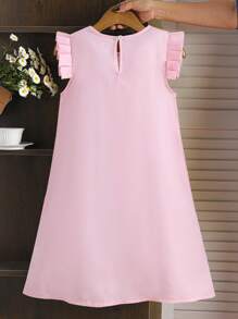 1pc Tween Girls Floral 3D Ruffles Hem Spring Summer Yellow Cute Fashion Dress - Dusty Pink - View 2