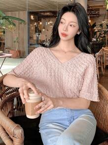 DAZY Women's Summer Bell Sleeve Pleated Texture Round Neck Short Sleeve T-Shirt - Pink - View 6