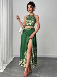 SHEIN Unity 两件套女士碎花露脐吊带上衣和半身裙套装，度假风 - 綠色 - 查看 3