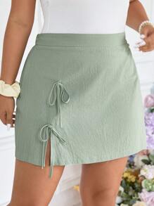 SHEIN Frenchy Falda casual de talla grande con lazo, cintura con cordón y dobladillo hendido en chifón