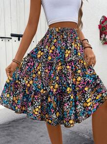 SHEIN Tall 1pc Women's Ditsy Floral Ruffled Hem Skirt (Random Print) - Black - View 4