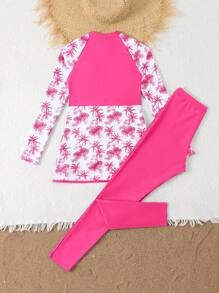 SHEIN 青少年女孩无袖分体泳衣 | 海滩度假长袖分体泳衣套装 | 可爱印花泳衣 - 玫紅色 - 查看 2