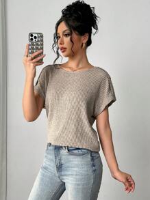 Chiquease Camiseta holgada casual de mujer con botones, espalda hueca y encaje floral - Caqui - Ver 3