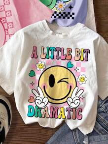 SHEIN 3件套年轻女孩休闲简约卡通脸图案彩色T恤，白色、粉色、紫色，适合夏季 - 彩色 - 查看 3