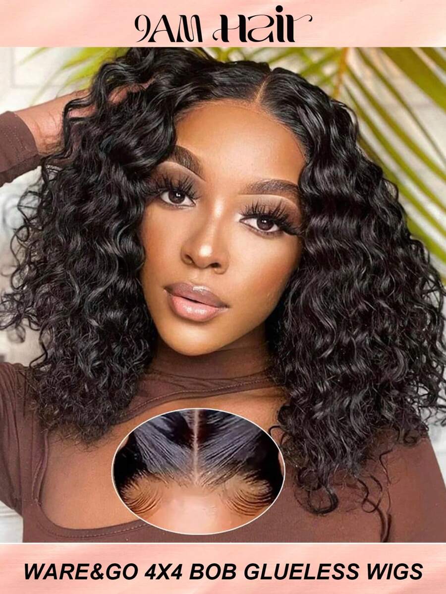 Wear And Go Bob Wigs Human Hair Deep Wave 4x4 Lace Closure Glueless Wigs Pre Plucked Pre Cut Ready To Wear 150% Density Curly Bob Wigs For Women Beginner Friendly - Natural Black - View 1