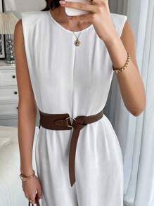 Chiquease Mono holgado para mujer con cuello redondo, sin mangas, con hombreras acolchadas - Blanco - Ver 6