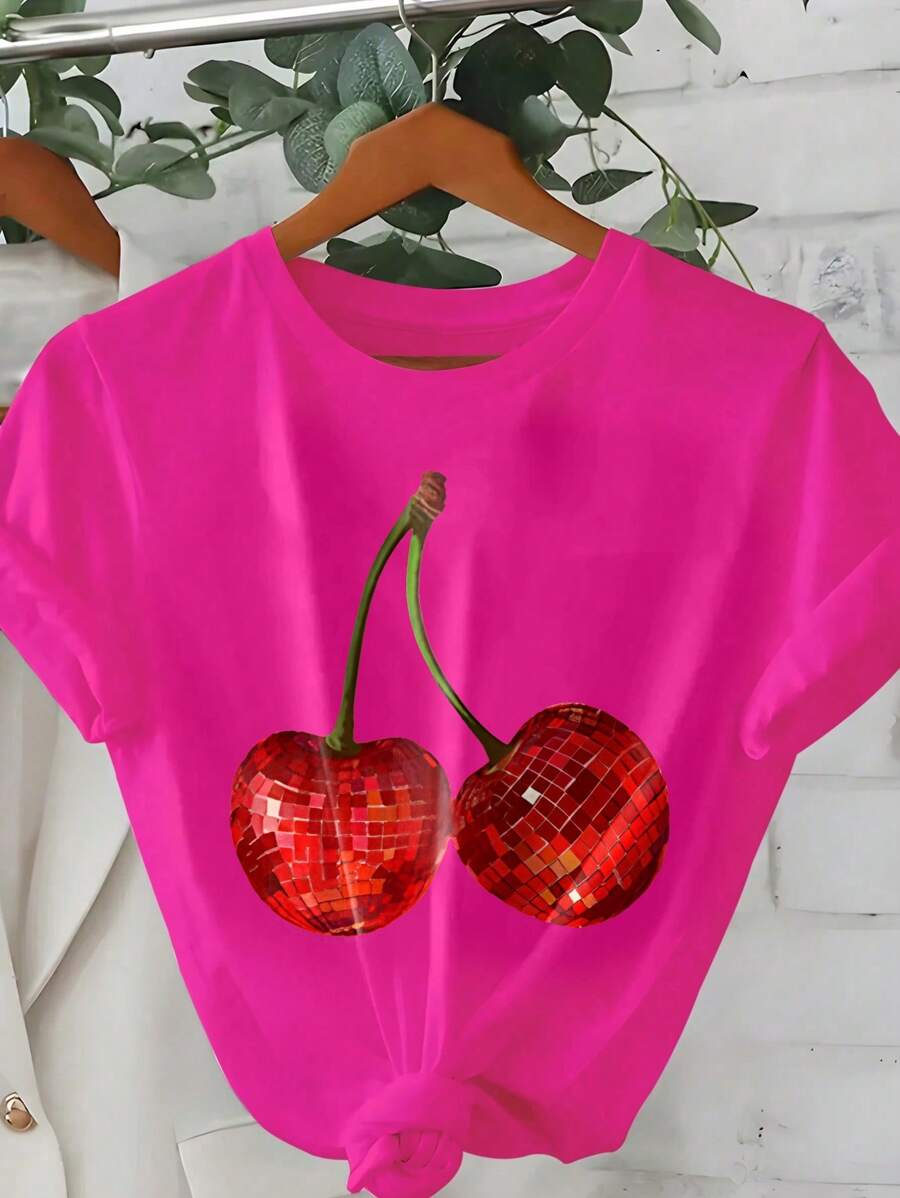 Flirla Große Größen Kirschprint Kurzarm T-Shirt, Lässig Sommer