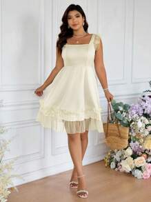 SHEIN Frenchy Váy cưới cỡ lớn cho nữ, Váy tốt nghiệp, Váy tiệc trà, Váy dự tiệc cưới mùa hè, Váy cocktail ngắn, Váy tốt nghiệp, Váy cưới cho quý cô, Váy thường ngày thời trang tay lửng và viền bèo nhún màu trơn - Màu be - Xem 6