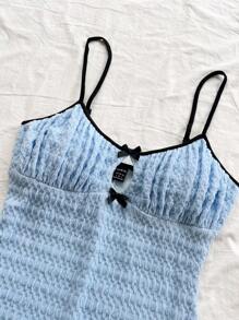 Soleia Women's Vacation Blue Knit Texture Front Center Hollow Bow Contrast Shoulder Strap Contrast Figure-Flattering Jumpsuit, Fashionable Layering Or Outerwear, Party - Blue - View 5