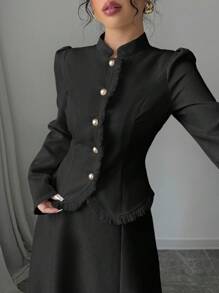 Elenzga 2 件套：女士优雅拼接流苏夹克和裙子 - 黑色 - 查看 6